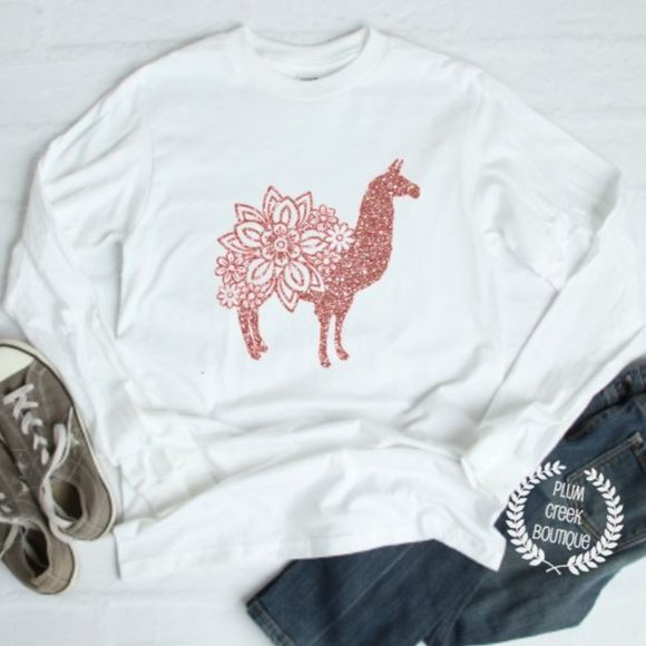 Plum Creek Boutique Tops - Llama Tshirt Long Sleeve White NEW NWT Rose Gold